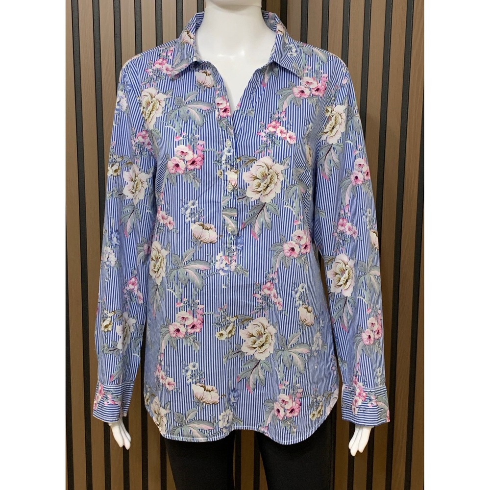 Talbots Women's L Blue White Striped Floral 100% Cotton Button Down Shirt L